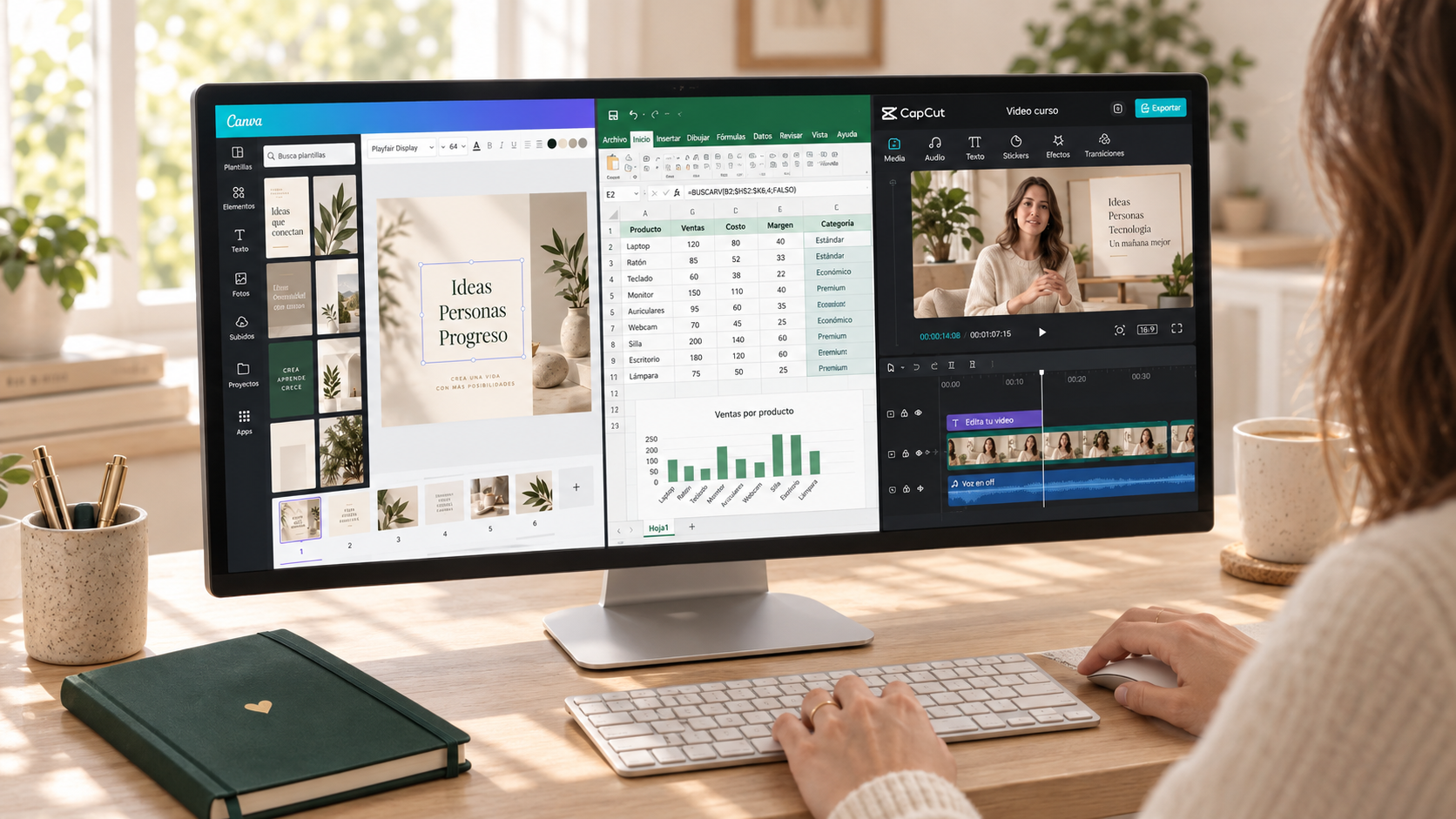 Una persona utiliza Canva, Excel y CapCut en un mismo espacio de trabajo